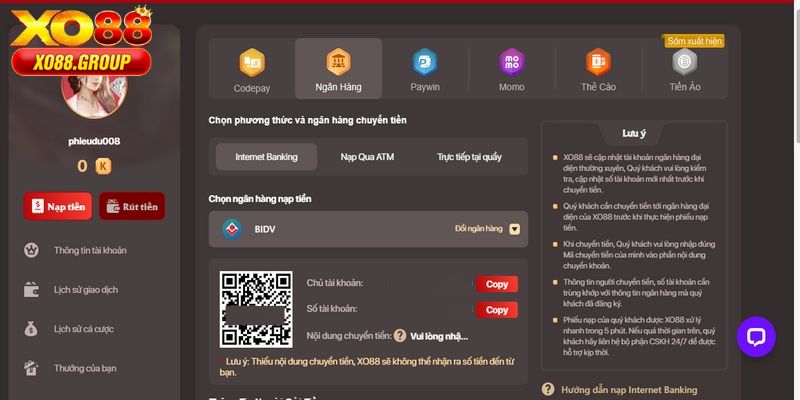 Các phương thức gửi vốn đang được nhà cái hỗ trợ